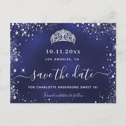 甘い16ネイビーブルーシルバーティアラ日付を保存 案内ポストカード (正面)
