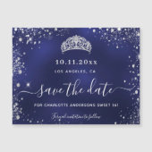 甘い16ネイビーブルーシルバー日付磁石を保存 マグネット招待状 (正面)