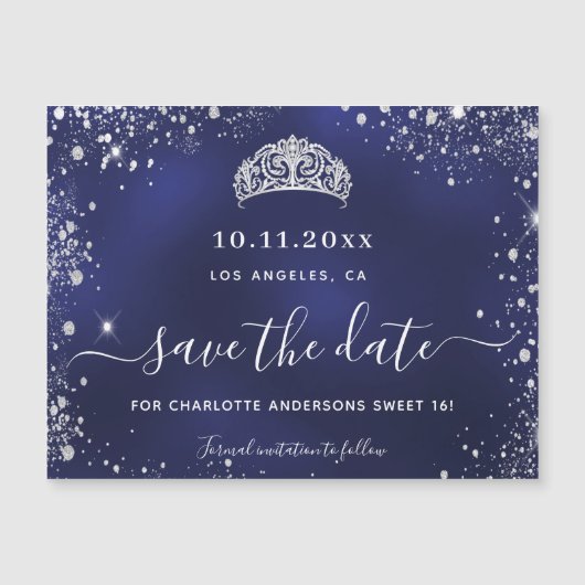 甘い16ネイビーブルーシルバー日付磁石を保存 マグネット招待状 (正面)