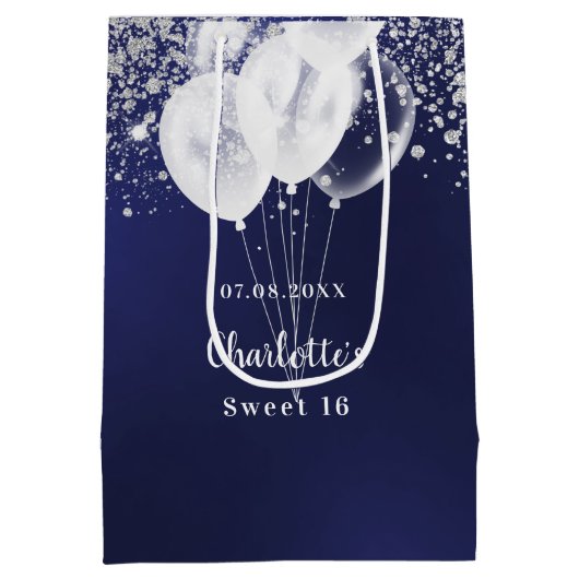 甘い16ネイビーブルー白グリッターバルーン ミディアムペーパーバッグ (裏面)