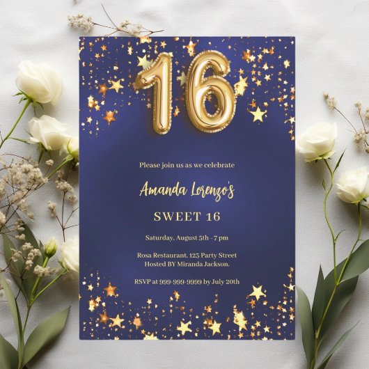 甘い16ネイビーブルー金ゴールド星 招待状