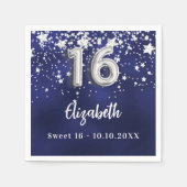 甘い16ネイビーブルー銀色の星 スタンダードカクテルナプキン (正面)