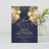 甘い16ネイビーブルー&金ゴールドバルーン写真誕生日 招待状 (スタンド正面)