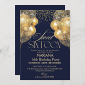 甘い16ネイビーブルー&金ゴールドバルーン写真誕生日 招待状 (正面/裏面)