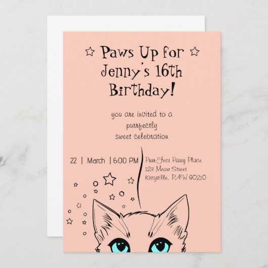 甘い16ネコをテーマにした誕生日 招待状 (正面/裏面)