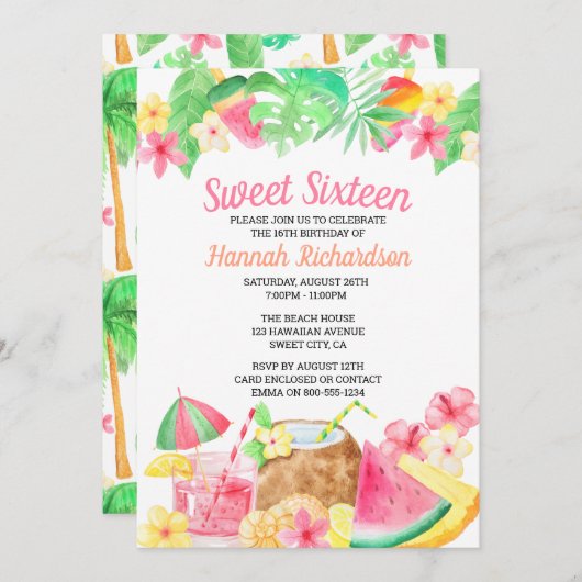 甘い16ハワイアンテーマ水カラールアウ（ハワイ式宴会）パーティー 招待状 (正面/裏面)