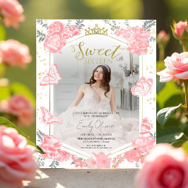 甘い16バジェット写真招待状ピンクバタフライ