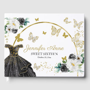 甘い16バタフライフラワーブラック金ゴールドドレス ゲストブック