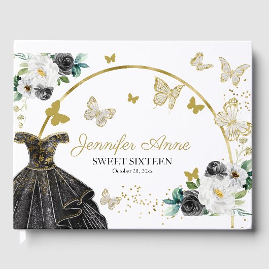 甘い16バタフライフラワーブラック金ゴールドドレス ゲストブック (正面)