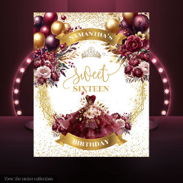 甘い16バナーバーガンディーフラワーズ金ゴールドグリッター タペストリー