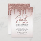 甘い16バラ金ゴールドグリッタースクリプト誕生日パーティー 招待状 (正面/裏面)
