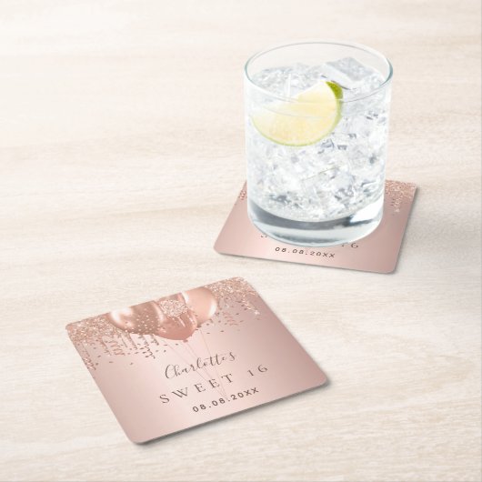 甘い16バラ金ゴールドグリッターバルーン16th スクエアペーパーコースター (インサイチュ)