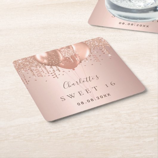 甘い16バラ金ゴールドグリッターバルーン16th スクエアペーパーコースター (アングル)