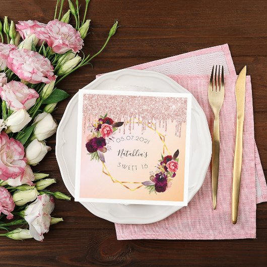 甘い16バラ金ゴールドピンク幾何学的グリッター名 スタンダードカクテルナプキン