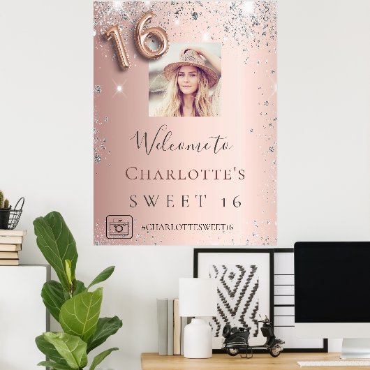 甘い16バラ金ゴールドフォトシルバーグリッターへようこそ ポスター (ホームオフィス)