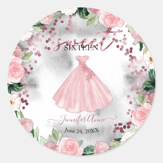 甘い16バラ金ゴールド赤面フローラ水色ドレス ラウンドシール (正面)