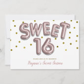 甘い16バルーンバラ金ゴールド誕生日パーティー写真 招待状 (正面)