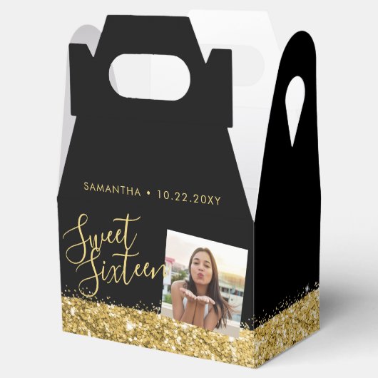 甘い16パーソナライズされたフォトブラック金ゴールド フェイバーボックス (オープン)