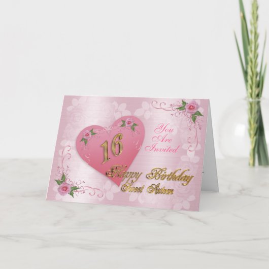 甘い16パーティの招待状ピンクのハートとバラ 招待状 (正面)