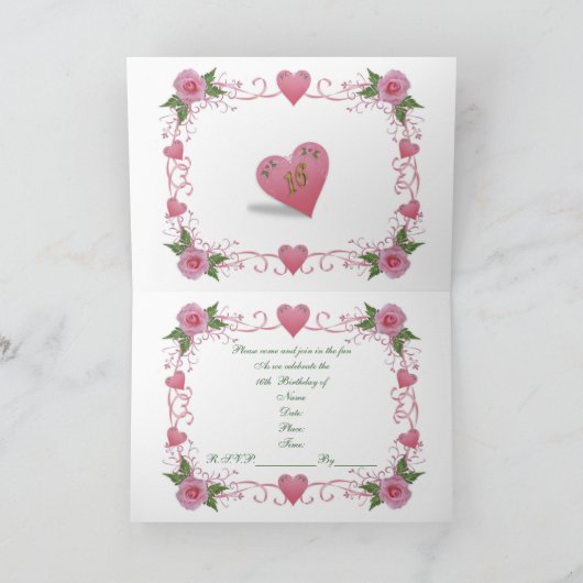 甘い16パーティの招待状ピンクのハートとバラ 招待状 (内部)