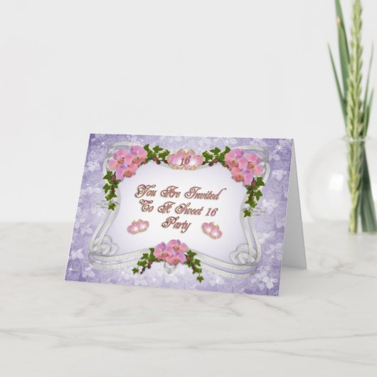 甘い16パーティの招待状ピンクの蘭 招待状 (正面)