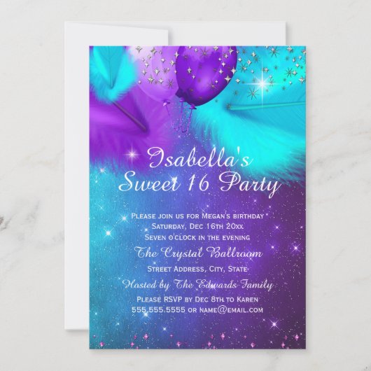 甘い16パーティーティール(緑がかった色)紫色の銀のバルーン 招待状 (正面)