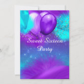 甘い16パーティーティール（緑がかった色）紫色の銀のバルーン 招待状 (裏面)