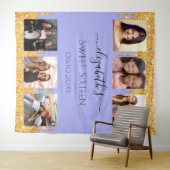 甘い16パーティーバイオレット金ゴールドグリッター写真コラージュ タペストリー (インサイチュ(横))