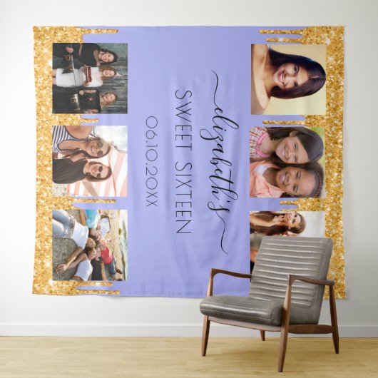 甘い16パーティーバイオレット金ゴールドグリッター写真コラージュ タペストリー (インサイチュ(横))
