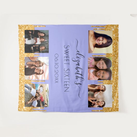 甘い16パーティーバイオレット金ゴールドグリッター写真コラージュ タペストリー (正面(横))