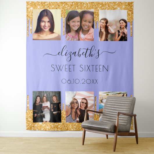 甘い16パーティーバイオレット金ゴールドグリッター写真コラージュ タペストリー (インサイチュ)