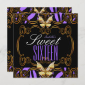 甘い16パーティーパープル金ゴールドブラックゼブラ 招待状 (正面/裏面)