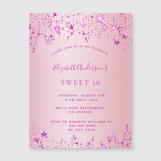 甘い16パーティーピンクスターズ磁石の招待 マグネット招待状 (正面)
