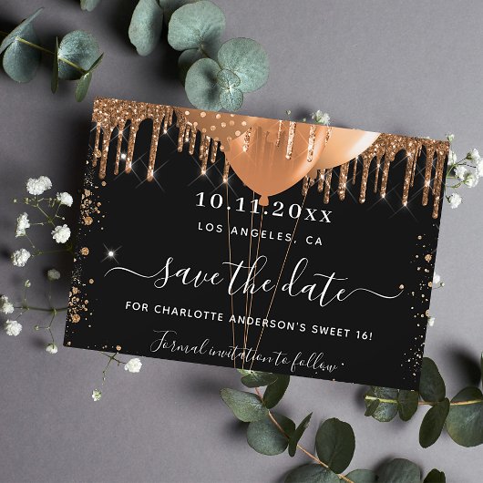 甘い16パーティーブラック金ゴールドバルーンは日付を保存 案内ポストカード