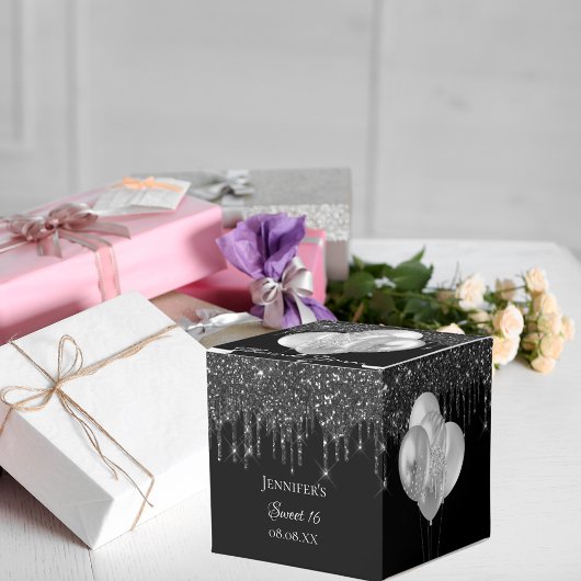 甘い16パーティーブラック銀グリッターバルーン フェイバーボックス