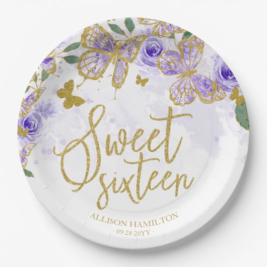 甘い16パーティー紙プレートパープルバタフライフローラ ペーパープレート (正面)