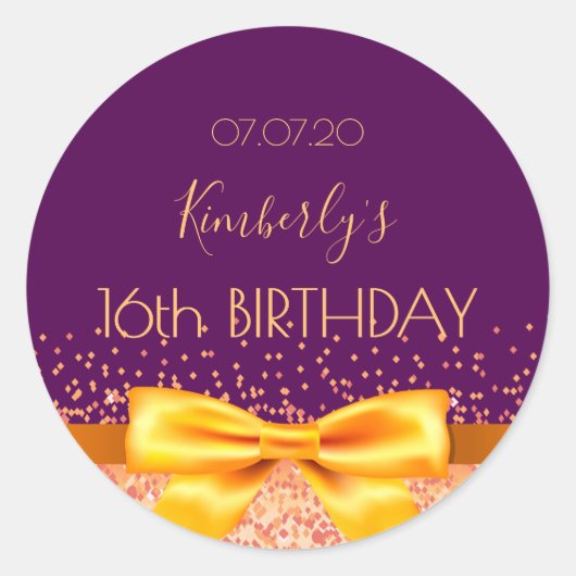 甘い16パーティー紫の金ゴールド弓は日付を保存 ラウンドシール (正面)