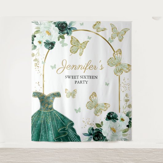甘い16パーティー背景 – 蝶フローラドレス タペストリー (正面)