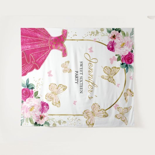 甘い16パーティー背景 – 蝶フローラドレス タペストリー (正面(横))