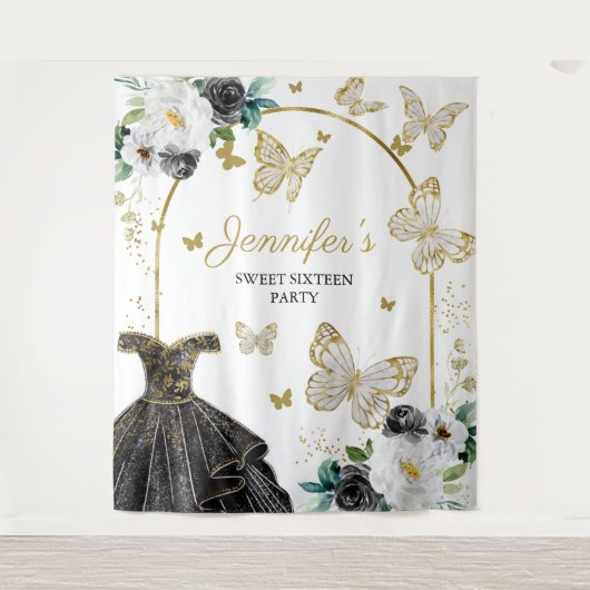 甘い16パーティー背景 – 蝶フローラドレス タペストリー (正面)