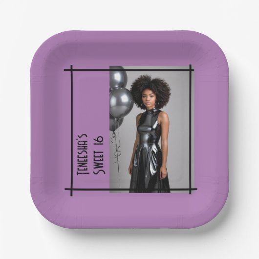 甘い16パーティー薄紫紫の黒いカスタム写真 ペーパープレート (正面)