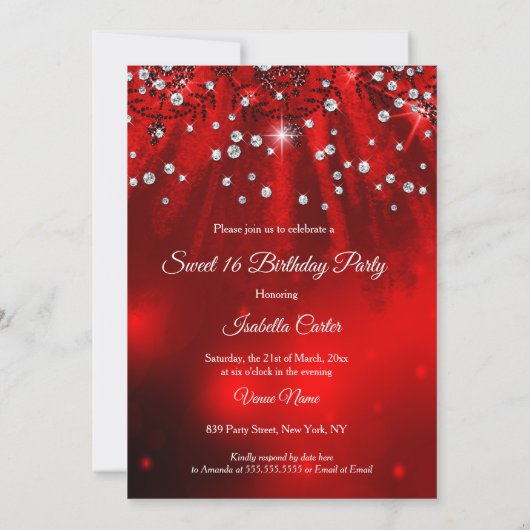 甘い16パーティー赤いスパークルドレスティアラ 招待状 (裏面)