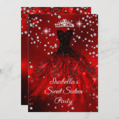 甘い16パーティー赤いスパークルドレスティアラ 招待状 (正面/裏面)