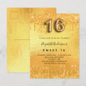 甘い16パーティー金ゴールドグリッタードリップグラス インビテーションポストカード (正面/裏面)