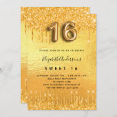 甘い16パーティー金ゴールドグリッタードリップスグラム招待 招待状 (正面/裏面)