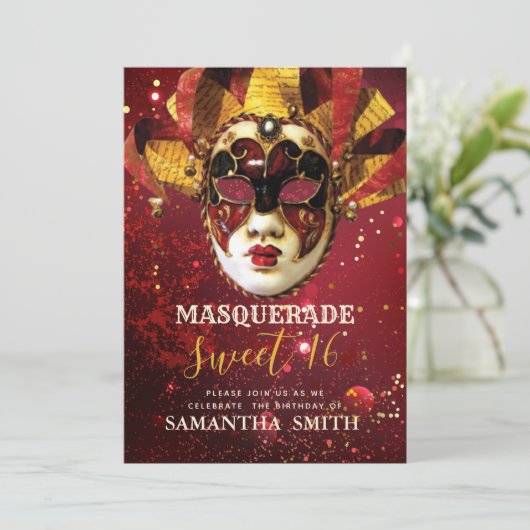 甘い16パーティー金ゴールドマスカレードマスク 招待状 (スタンド正面)