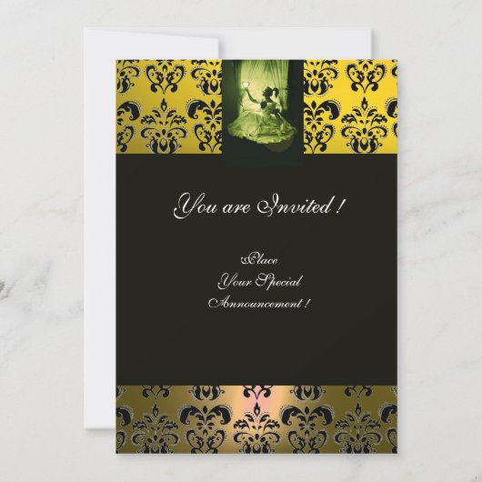 甘い16パーティー、イエローグリーンブラックダマスク 招待状 (裏面)