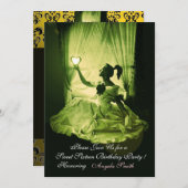 甘い16パーティー、イエローグリーンブラックダマスク 招待状 (正面/裏面)