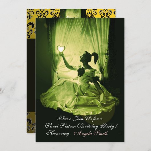 甘い16パーティー、イエローグリーンブラックダマスク 招待状 (正面/裏面)