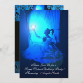 甘い16パーティー，サファイアブルー，ブラックダマスク 招待状 (正面/裏面)